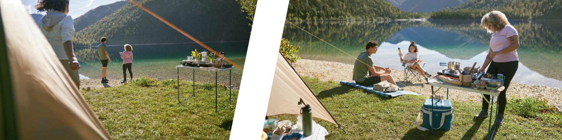 Campingmöbel beim Outdoor Kochen am See – Campingtisch und Ausrüstung für Camping und Freizeit